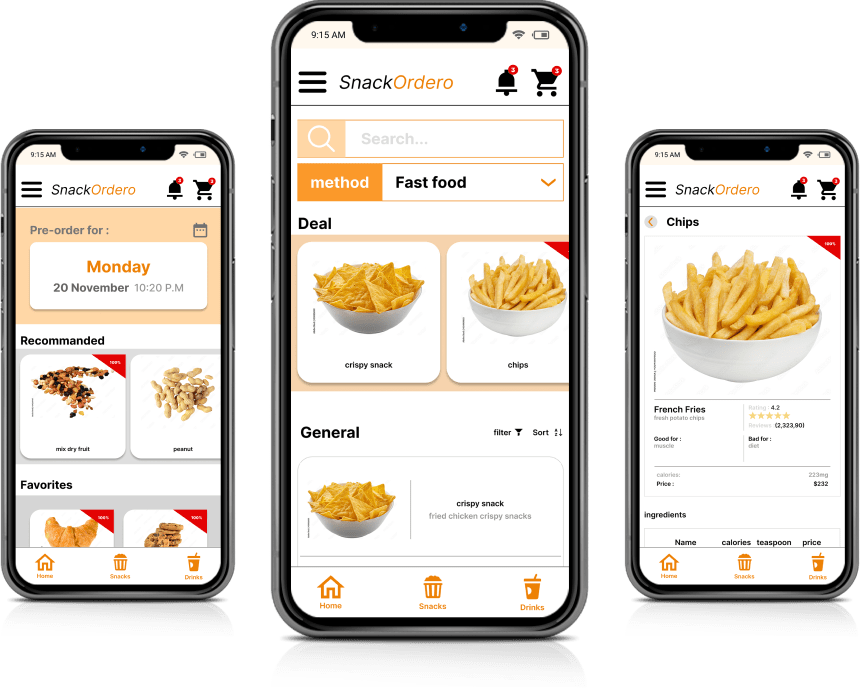 Snack Ordero app's screen shots